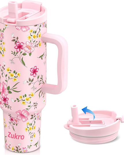 Zukro 50 oz Tumbler With Handle and Flip Straw, Leak Proof Lid, Insulated Stainless Steel Reusable Gym Water Bottle, Large Travel Cup Fit in Cupholder, BPA-Free, Gift for Women Her, Floral
