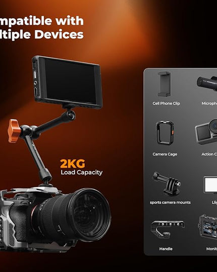 K&F CONCEPT 9.8" Magic Arm Clamp Kit with 1/4" & 3/8" Thread Screw 360° Ball Heads Articulating Magic Arm Camera Mount for Monitor, Flash, LED Light, Microphone, Camera Cage, Action Camera