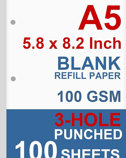 A5 Filler Paper, 3 Hole Planner Refills, Organizer, Binders, Total 100 Sheets/200 Pages, 100gsm, Blank, White Paper, 5.8 x 8.2 Inch, 3 Hole Filler Paper, Mini Binder Refills, Fit 3 Hole Binder Only