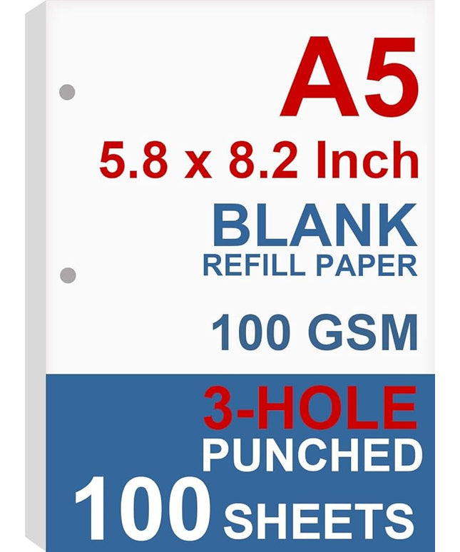 A5 Filler Paper, 3 Hole Planner Refills, Organizer, Binders, Total 100 Sheets/200 Pages, 100gsm, Blank, White Paper, 5.8 x 8.2 Inch, 3 Hole Filler Paper, Mini Binder Refills, Fit 3 Hole Binder Only