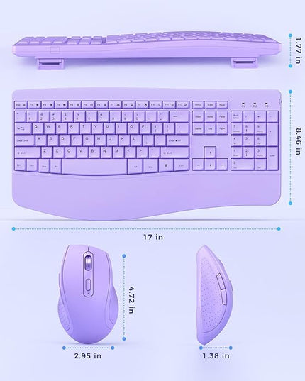 Ergonomic Keyboard and Mouse Combo - Full Size Keyboard Cordless with Palm Wrist Rest Ergonomic Mouse Wireless for Windows Computers Laptops - Light Purple (Upgrade)