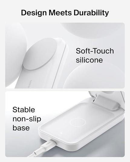 Belkin MagSafe Charger Compatible, 3-in-1 Charging Station, Qi2.2 25W Magnetic Wireless Charger Dock, Foldable Charging Stand for iPhone 17/16/15, Apple Watch, AirPods, Pixel 10 (45W Adapter Included)