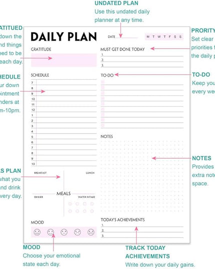 Daily Planner Notepad - Tear-Off Daily Planning Pad, Organizer with To Do Lists, Schedule, Appointment, Productivity Tracker, 50 Undated Sheets, 8.5 x 11 in