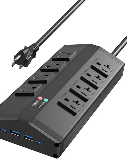 JUNNUJ Heavy Duty Power Strip with 8 Outlets and 4 USB Ports, Metal Wall Mount Surge Protector with 20 Amp 12 Gauge 6 FT Extension Cord for Garage, Industrial, Shop, ETL Listed