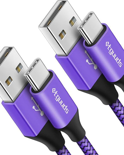 etguuds USB A to USB C Cable 6.6ft, 2-Pack, 3A Fast Charging Type C Charger Cord for iPhone 17 16 15 Pro Max 16e 17 Air, Samsung Galaxy S25 S24 S23 S22 S21 S20 A17 A16 A56 A55 Flip Fold, Purple