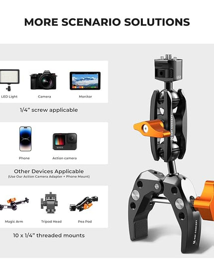K&F CONCEPT Camera Clamp Mount, Super Clamp Mount Magic Arm with Two 360° Ball Heads, ARRI 1/4" Screw Threads for DSLRs, Action Camera, Tripod, Phone Compatible with Gopro/DJI/Insta360
