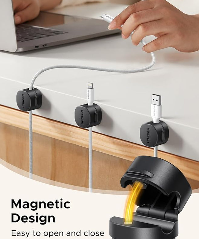 UGREEN Cable Organizer Clips, Adhesive Cable Management - 6-Pack Strong Magnetic Cord Holder for Desk to Keep Phone Charging Cables, Computer Cords, and Various Cord Organized for Nightstand, Black