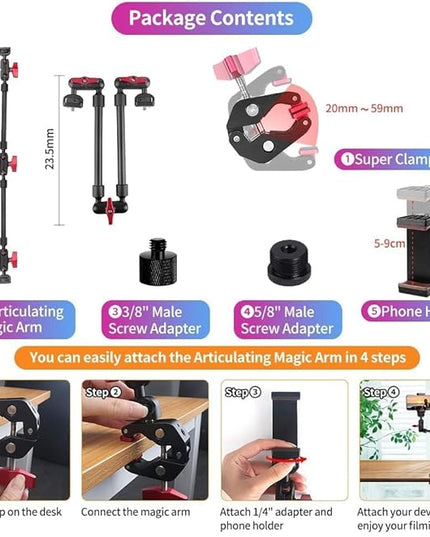 22" Magic Arm Camera Mount, Articulating Arm Tripod Clamp w Thread Adapter, Friction Camera Boom Arm, Overhead Desk Mount Clamp Stand for Phone, Webcam, Mic, Video Rig, Tripod Light