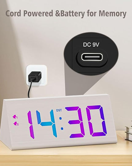 Wooden Digital Alarm Clock with Dual USB Charging Ports, DST, Dimmable, Snooze, RGB Colors, Modern Large Time Display LED Clock for Kids Bedrooms, Living Room, Desk, Table, Bedside, Nightstand (White)