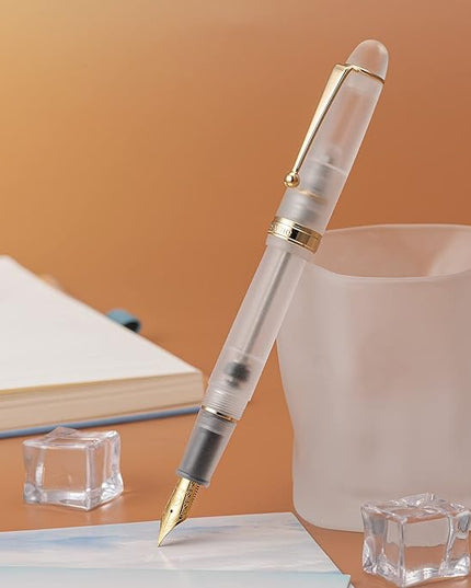 Asvine V126 Vacuum Filling Fountain Pen Gold Plated Fine Point, Frosted Transparent Clear Acrylic Pen Gift Case