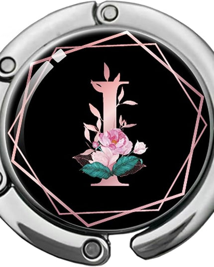 Pink Initial Foldable Purse Hook, Flower Letter Handbag Hanger, Women's Bag Hanger Hook, Round Purse Table Hook, Funny Desk Hook Gift for Family Colleague Friend Office Worker (Flower I)