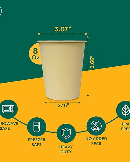 ECO SOUL 200 Pack 8 oz Disposable Coffee Cups Eco-Friendly, Biodegradable, Compostable, Leak-free & Sturdy To Go Hot Drink Travel Bagasse Cup for Tea, Chocolate, Party, Picnic & Cafe, Office & Home