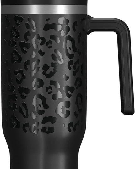 Hydrapeak Voyager 40 Oz Stainless Steel Tumbler with Handle, Insulated Water Bottle With Straw & Lid, Cupholder Friendly Reusable Travel Mug (Black Leopard)