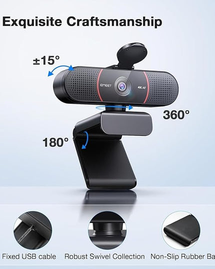 EMEET C960 4K Webcam with Tripod, 4K UHD Sony Sensor, 3 Adjustable Height Mini Tripod w/Privacy Cover, PDAF Auto Focus, Dual Noise-Cancelling Mics, Auto Light Correction, Perfect for Online Meetings
