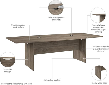 Bush Business Furniture 96-inch Office Conference Table with Wood Base, Boardroom Meeting Space for 8 Users, Modern Hickory