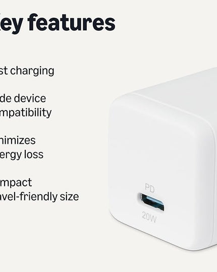 Amazon Basics Fast Charging USB C Nano GaN Wall Charger, 20W 1-Port PD 3.1 for Tablets Phones, White