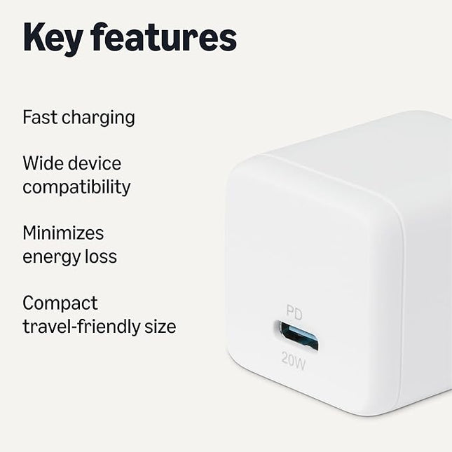 Amazon Basics Fast Charging USB C Nano GaN Wall Charger, 20W 1-Port PD 3.1 for Tablets Phones, White