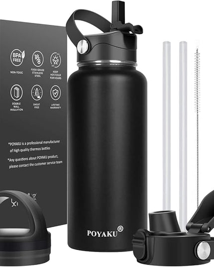Water Bottle Insulated 32oz 40oz 64oz 128oz Straw Lid Spout Lid & 3 Lids, Leak Proof, Vacuum Insulated,Stainless Steel Water Bottle Wide Mouth for Sports, Gym or Office