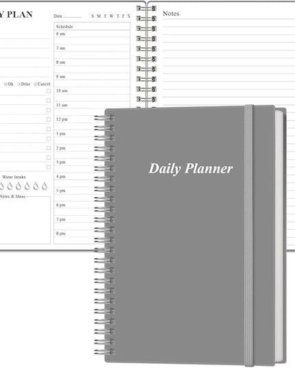 Daily Planner Undated - A5 To Do List Notebook Hourly Schedules, Spiral Appointment Planner for Women and Men, PVC Hardcover, Inner Pocket, Elastic Closure, 5.8" x 8.3", Grey