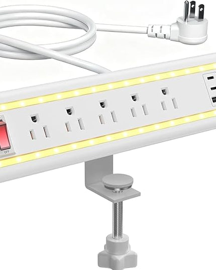 Desk Clamp Power Strip with Nightlight, 40W Fast Charging, 10FT Extension Cord, 4x20W USB-C & 2 USB Ports, 5 AC Outlets, Fits 1.69-Inch Table Edges