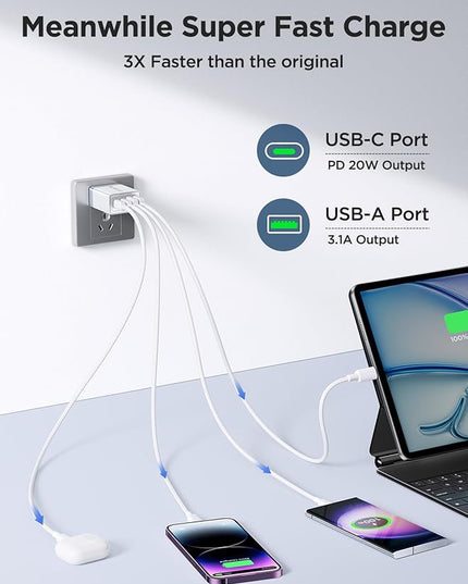 2 Pack USB C Wall Charger, 40W 4-Port USB C Fast Charger Block Dual Port QC+PD 3.0 Power Adapter, Multiport Type C Brick Charger with Lightning Cable for iPhone 14 13 12 11 Pro Max XS XR X 8 7 6 Plus
