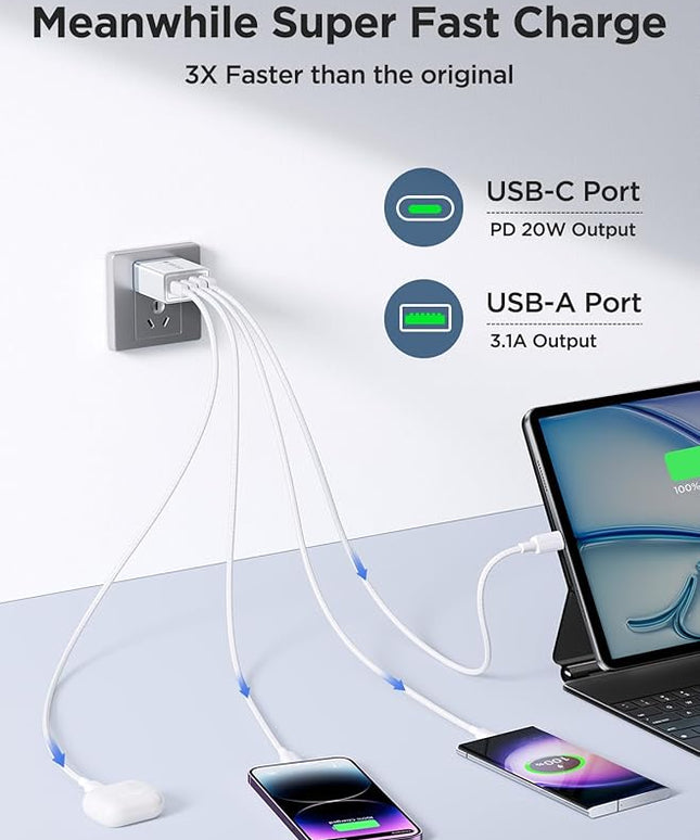 2 Pack USB C Wall Charger, 40W 4-Port USB C Fast Charger Block Dual Port QC+PD 3.0 Power Adapter, Multiport Type C Brick Charger with Lightning Cable for iPhone 14 13 12 11 Pro Max XS XR X 8 7 6 Plus