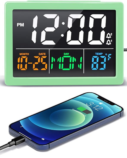 Digital Alarm Clock, with 5.5" Large LED Time Display, Adjustable Alarm Volume, 6 Level Brightness, Alarm Settings, USB Charger, Temperature Detect, Snooze, Clocks for Bedroom, Bedside, Desk, Green