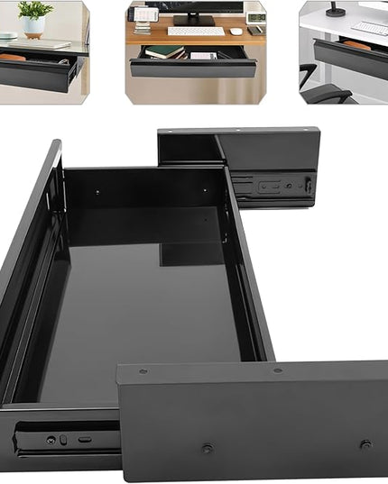 FFanhia 22 Inches Under Desk Mounted Sliding Pull-out Drawer Storage Drawer for Sit Stand Workstation Office Desk(Applicable Table Thickness: 0.79in) Black