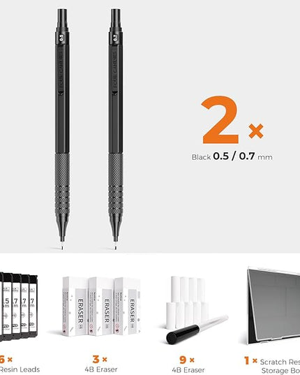 Four Candies 2PCS Metal Mechanical Pencils Set with Case, 0.5mm & 0.7 mm Artist Pencil with 6 Tubes (360PCS) HB Lead Refills, 3 Erasers,9 Eraser Refills For Writing Drafting, Drawing, Black