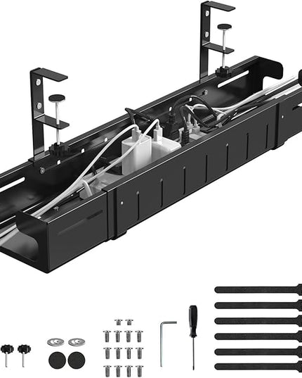 REALINN Under Desk Cable Management Tray Black, Expandable 25.27"-38.66" Sturdy Steel Desk Cord Hider Raceway for Office/Home