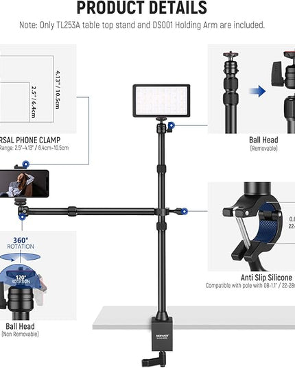 NEEWER TL253A+DS001 Table Camera Tripod with 2 Telescopic Arms, Phone Holder, Ball Heads, Screw Adapter, Table Light Stand for Camera, Mobile Phone, Webcam, Ring Light