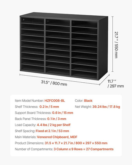 VEVOR Literature Organizer, 27 Compartments Office Mailbox with Removable Shelves, Wooden Mailbox Sorter Particle Board Office Home Classroom Storage, File Sorter for Files, Documents, Papers, Black