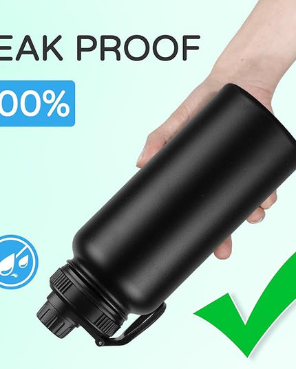 DOMICARE 32 oz Insulated Water Bottle Bulk, Vacuum Insulated Stainless Steel Sports Water Bottle with Straw Lid & Spout Lid, Leakproof, Reusable - Travel, Camping, Bike, Black (8 Pack)