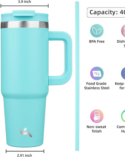 40 oz Tumbler with Handle and 2 Straws,2 in 1 Lid Insulated Water Bottle Stainless Steel Travel Coffee Mug,Turquoise