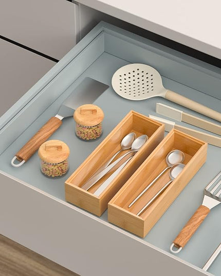 Silverware Tray for Drawer, Stackable Kitchen Bamboo Drawer Organizer 9" x 3" x 2" Set of 2