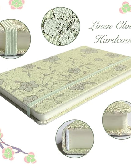 A5 Notebook, Ruled Paper, Lined Page, Hardcover, Layflat, Linen Cover, Flower Fabric, Journal for Women, Elastic Band Closure, Cute Notebooks for School, Office, Personal Writing, Green