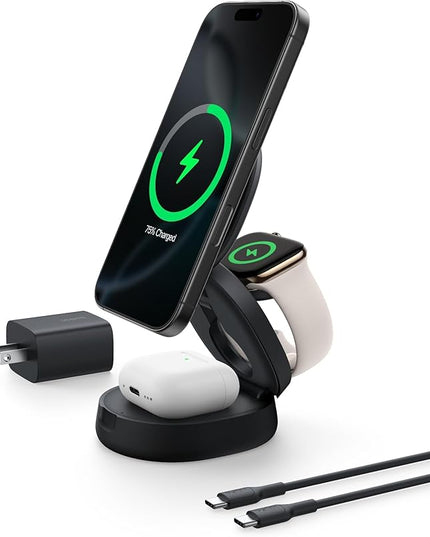 Belkin MagSafe Charger Compatible, 3-in-1 Qi2 15W Wireless Charging Station, Convertible Wireless Charger for iPhone 17, Apple Watch, AirPods, Pixel 10, Phone Stand for Travel w/ 36W Adapter - Black