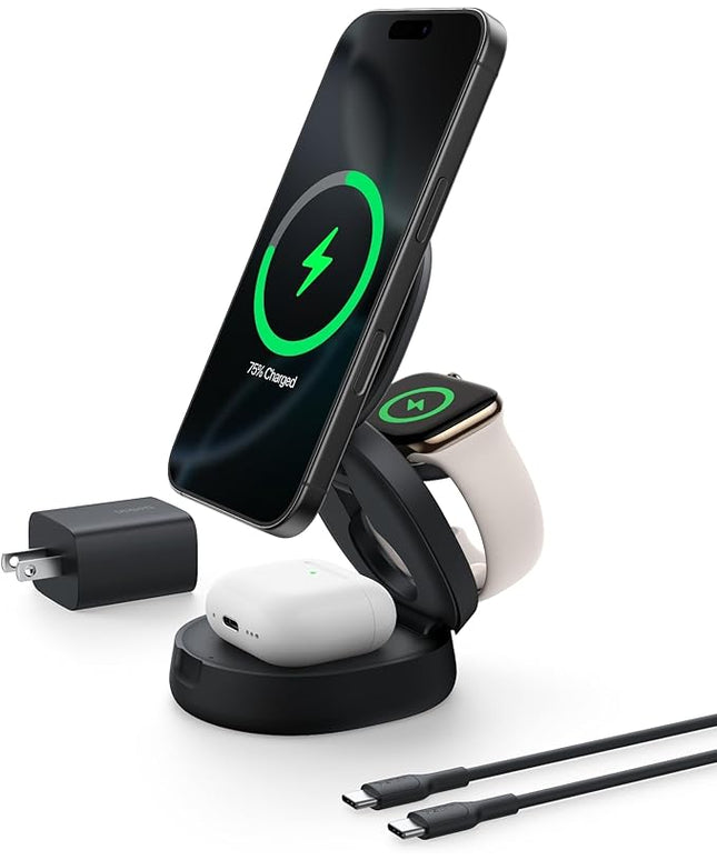 Belkin MagSafe Charger Compatible, 3-in-1 Qi2 15W Wireless Charging Station, Convertible Wireless Charger for iPhone 17, Apple Watch, AirPods, Pixel 10, Phone Stand for Travel w/ 36W Adapter - Black