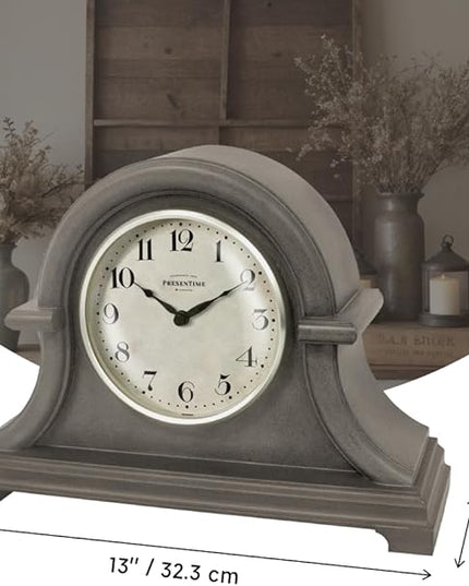 Presentime & Co. Mantel Clock Vintage Farmhouse Series, Napoleon Desk & Shelf Clock, 13 x 10 inch, Domed Lens, Quartz Movement, ABS Plastic Case, Gray Oak Finish (Home/Tabletop Decoration)