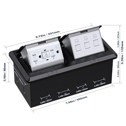 KYHSHJ Dual Pop-Up Floor Electrical Outlet Box Kit，20 Amp Stainless Steel GFCI TR Receptacle Outlet，3-Port RJ45 Datacom Receptacle， Black