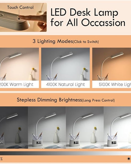 WILIT LED Desk Lamps for Home Office with Pen Holder, Table Lamp for Bedroom with USB Charging Port & Clock, RGB Night Light, Study Lamp for Kids Student, Desk Lamp for College Dorm Room Essentials