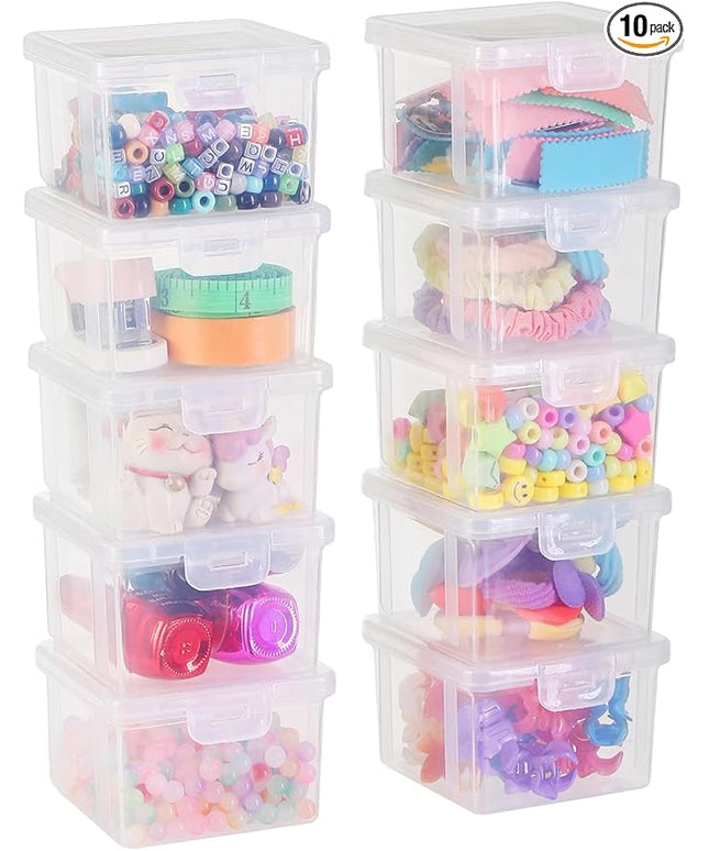 10-Pack Small Plastic Containers with Lids, Clear Stackable Storage Boxes & Bins Organizer for Bead Organizer, Craft Storage, Stickers, Jewelry & Small Items – Square Small