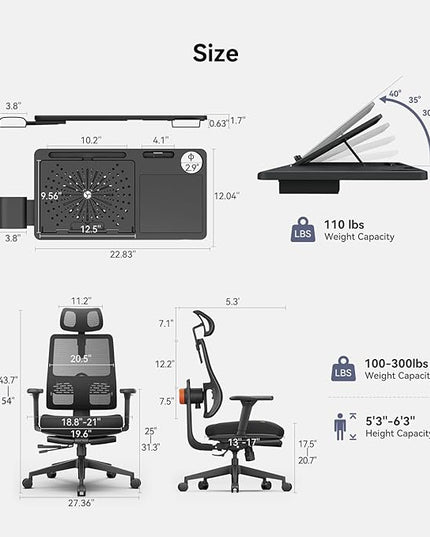 Newtral Ergonomic Home Office Chair-Office Desk Chair with Footrest, Auto-Following Backrest & Headrest, 4D Armrests, 96°-136° Recline (Black, with Laptop Table + 2D Headrest)