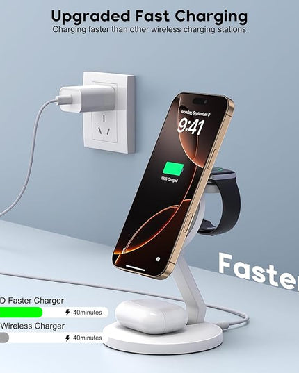 Charging Station for Apple Magnetic Wireless iPhone Mag-Safe Charger,15W 3in1 Foldable Wireless Dock Fast MagSafe Charger Stand for iPhone 17 Pro Max/16 Plus/16 ProMax/15/14/13,Apple Watch,AirPods Pro