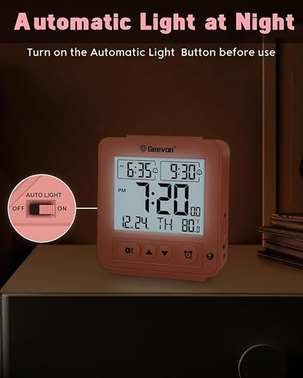 Geevon Smart Night Light Small Digital Alarm Clock with 2 Increasing Beep Alarm, Indoor Temperature, Battery Operated Travel Clock for Bedroom, Bedside, Desk(Pink)