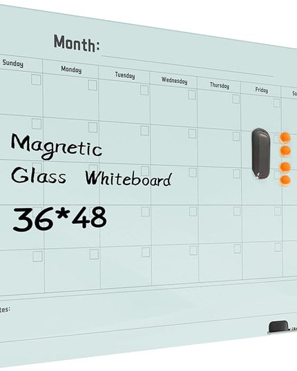 Magnetic Glass Dry Erase Board Calendar- White Board 48 x 36 Inch Wall Mounted Monthly Whiteboard, Large Frameless Glass White Board for Wall Office, Home & School