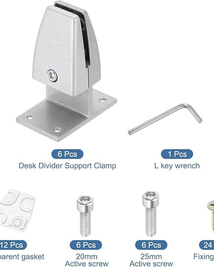 PATIKIL 6 Pcs Adjustable Desk Divider Partition Clips, T-Shape Aluminum Sneeze Guard Support Clamps Desktop Divider Clips for Offices Stores Counter Privacy Panel, Silver