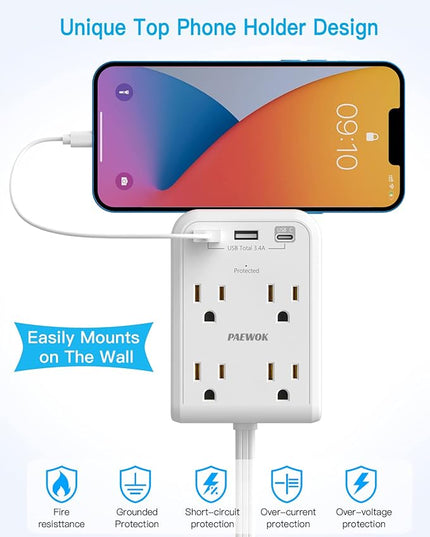 Flat Multi Plug Extender with 3 USB Wall Charger(1 Type C), 4 Outlet Wall Adapter, 4 ft Thin Extension Cord, Flat Plug Surge Protector Power Strip for Home, Office, College Dorm. White