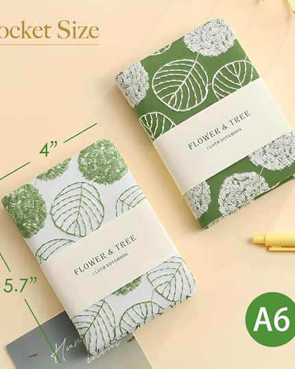 Pocket Notebook, A6 Journal, Small Embroidered Journal, Cute Fabric Notebook, Lay Flat Hardcover Journal, 4x6 Lined Notebook & Sketchbook, Personal Writing Journal for Women, White Leaf
