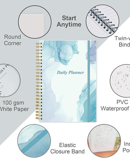 Daily Planner Undated - A5 To Do List Notebook Hourly Schedules, Spiral Appointment Planner for Women and Men, PVC Hardcover, Inner Pocket, Elastic Closure, 5.8" x 8.3", Blue Watercolor